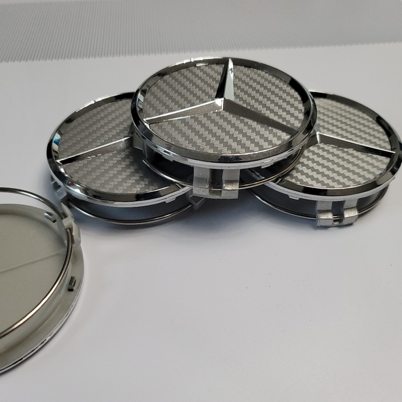 4 Silver Carbon Fiber WHEEL CENTER HUB CAPS EMBLEM FITS MERCEDES BENZ 75MM - Picture 4 of 6